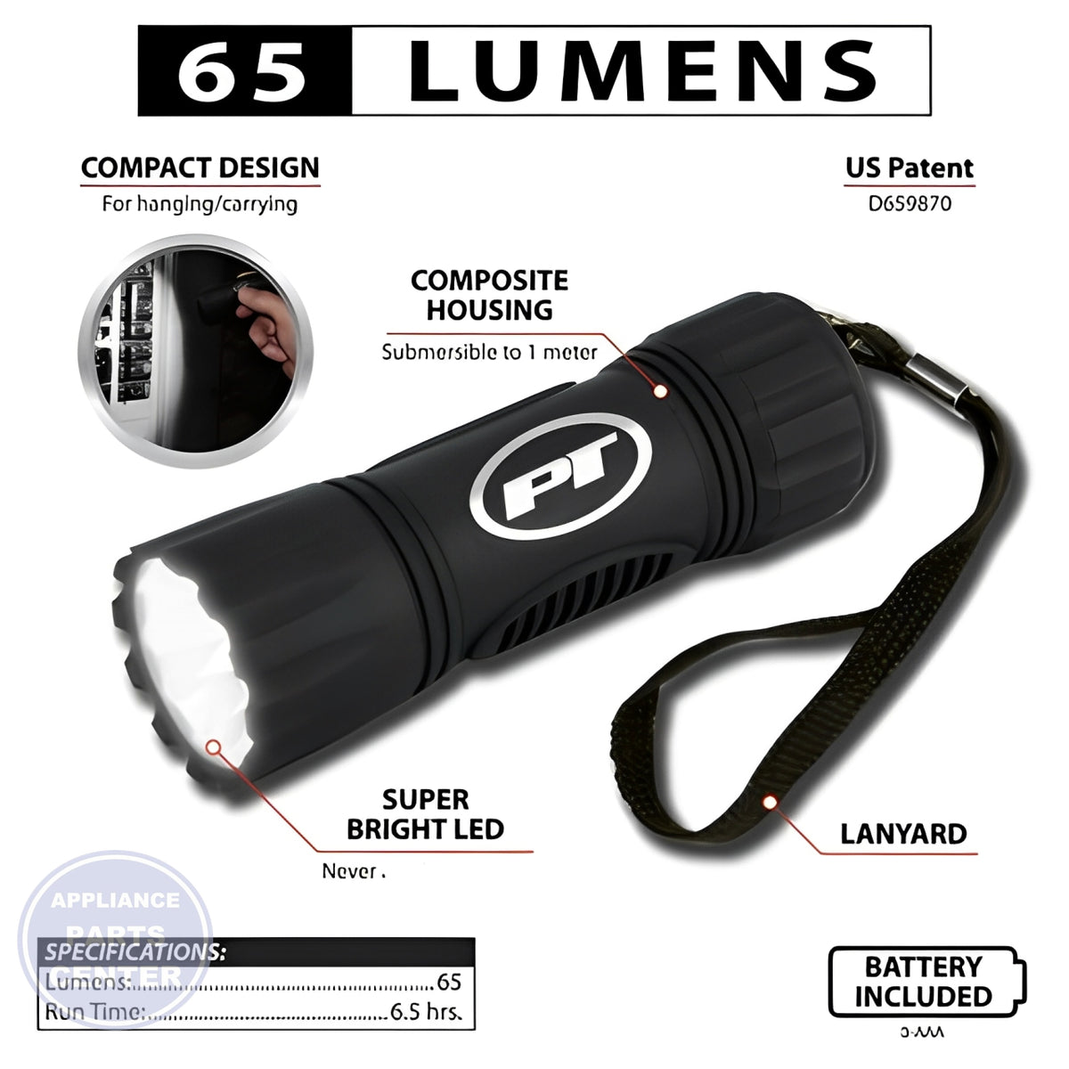 PERFORMANCE TOOL 65LM BLACK COMPOSITE FLASHLIGHT W2456 - Main view showing bright illumination for [Specific Models]