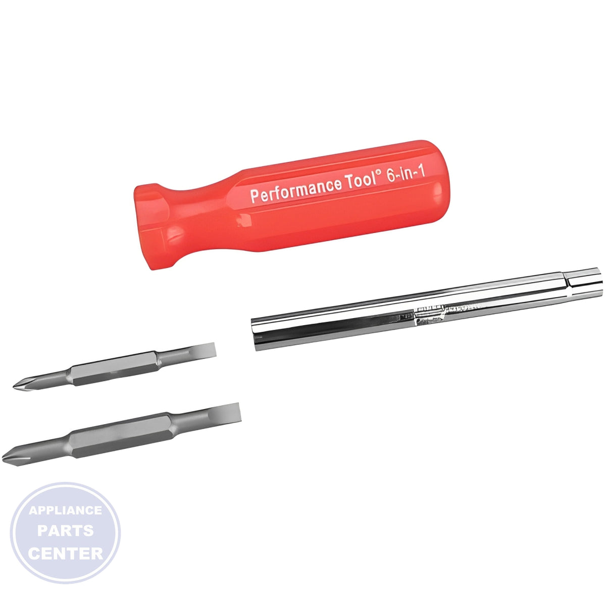 PERFORMANCE TOOL 6-IN-1 SCREWDRIVER - Main view showing interchangeable tips for General Electric, Whirlpool, and Bosch models
