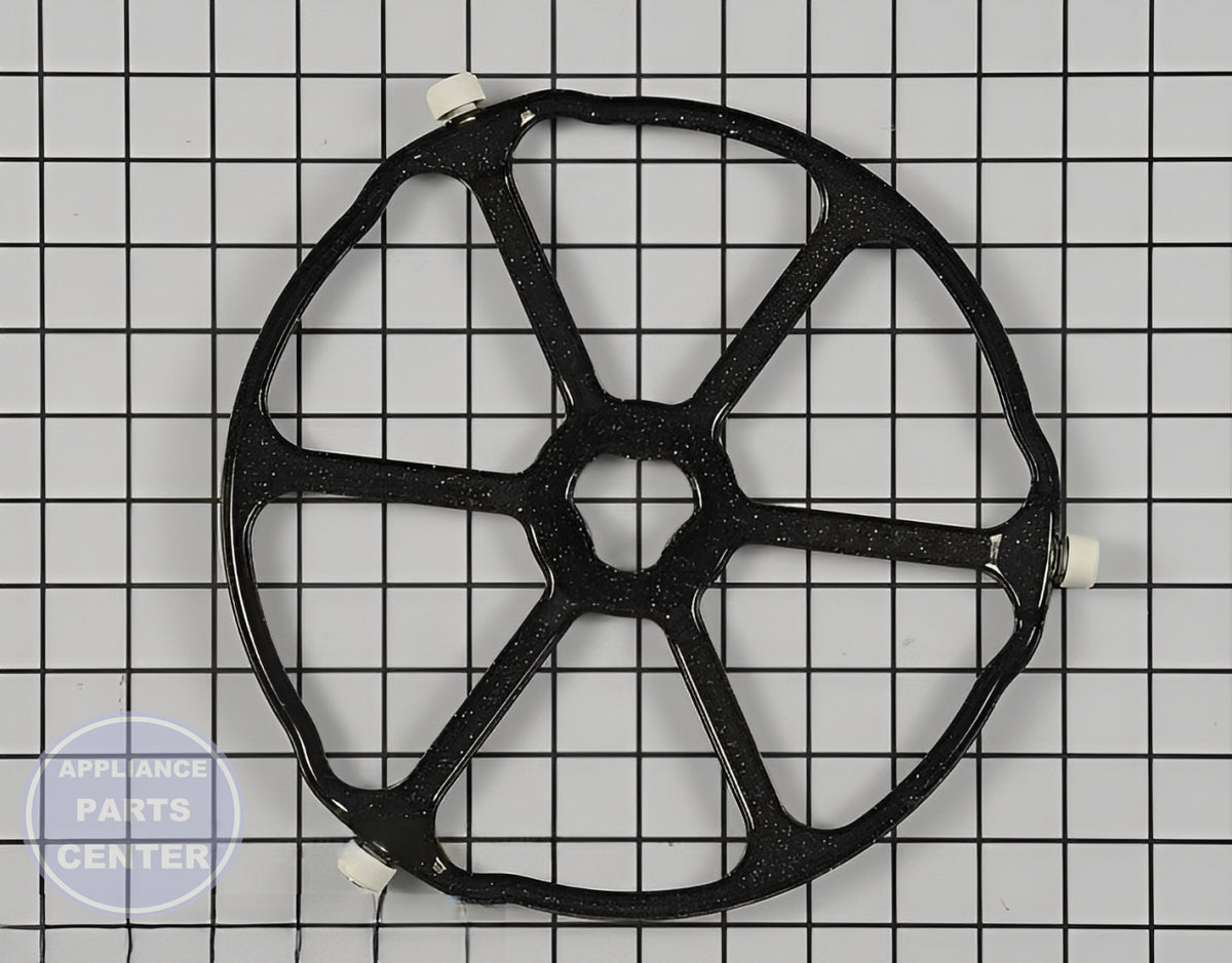 GE OVEN TURNTABLE RING WB06X10775 - Detailed view of glass tray and support roller
