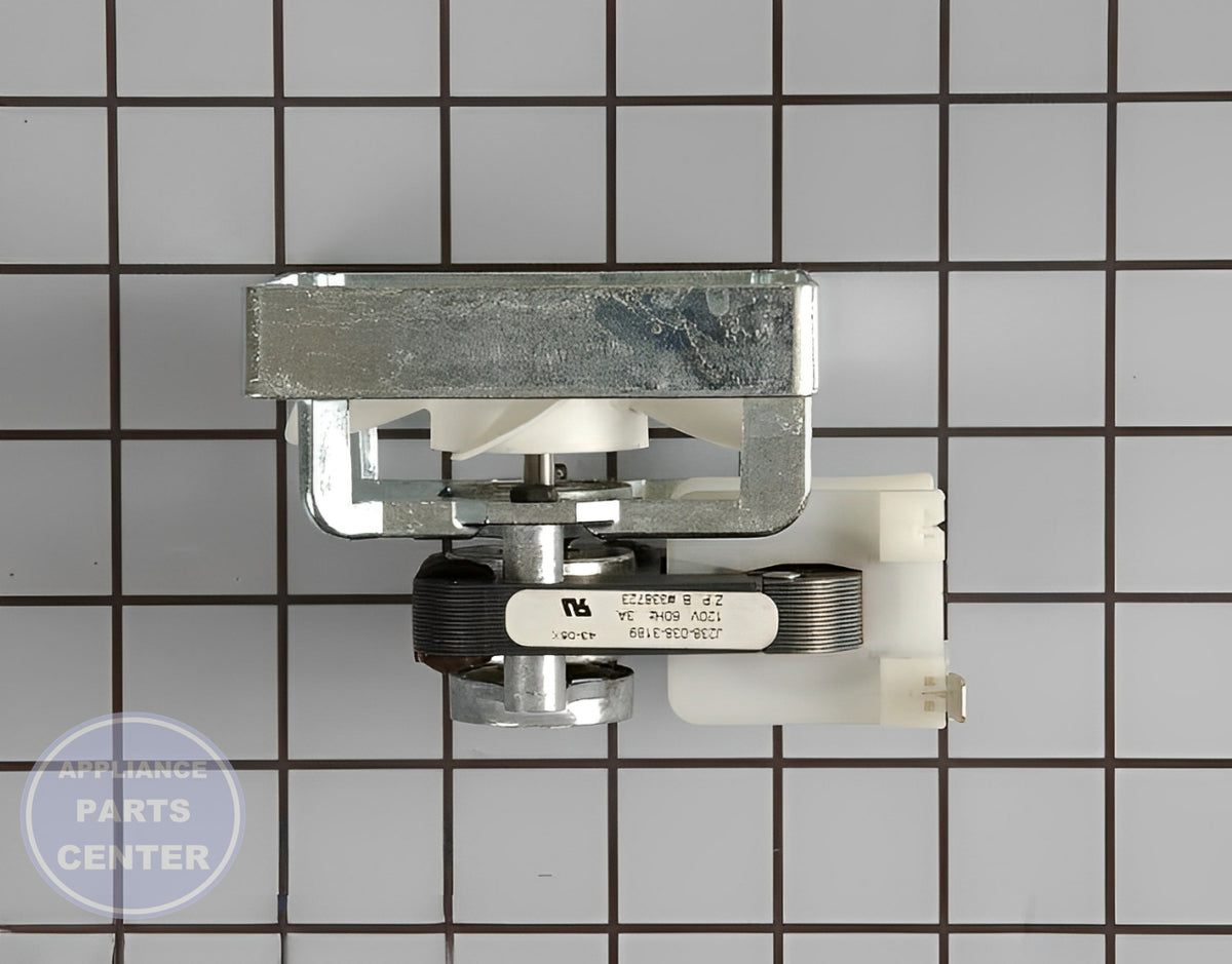 GE OVEN LOWER FAN ASSEMBLY WB26X114 - Side view with precise measurements