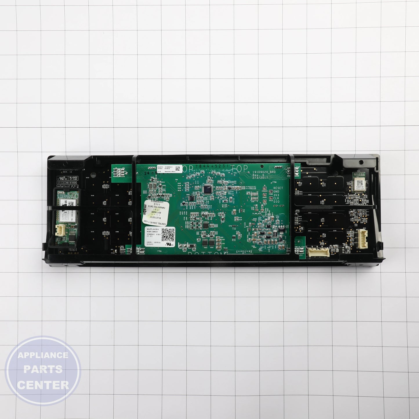 GEH GLASS AND TOUCH BOARD ASM WB27X31708 - Installation in GEH Range model showing key mounting points