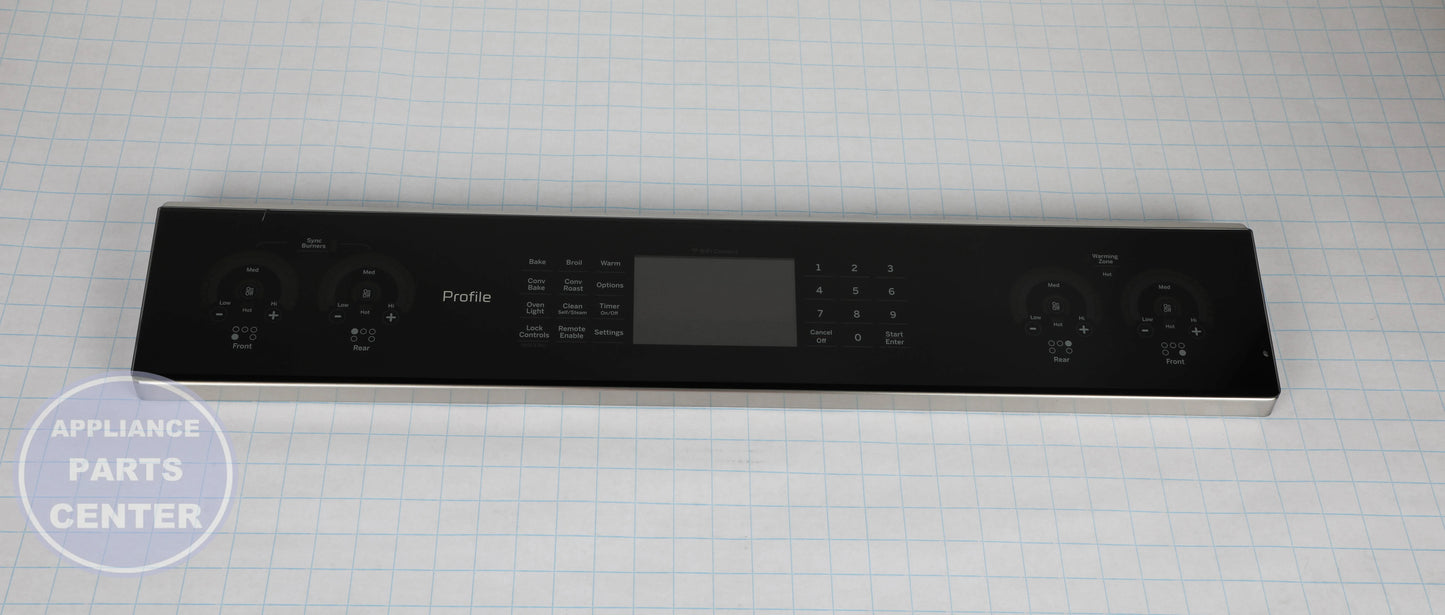 BLACK STAINLESS CONTROL PANEL OVERLAY WB27X33633 - Side view with precise measurements