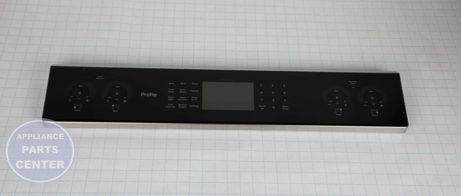 BLACK STAINLESS CONTROL PANEL OVERLAY WB27X33633 - Side view with precise measurements