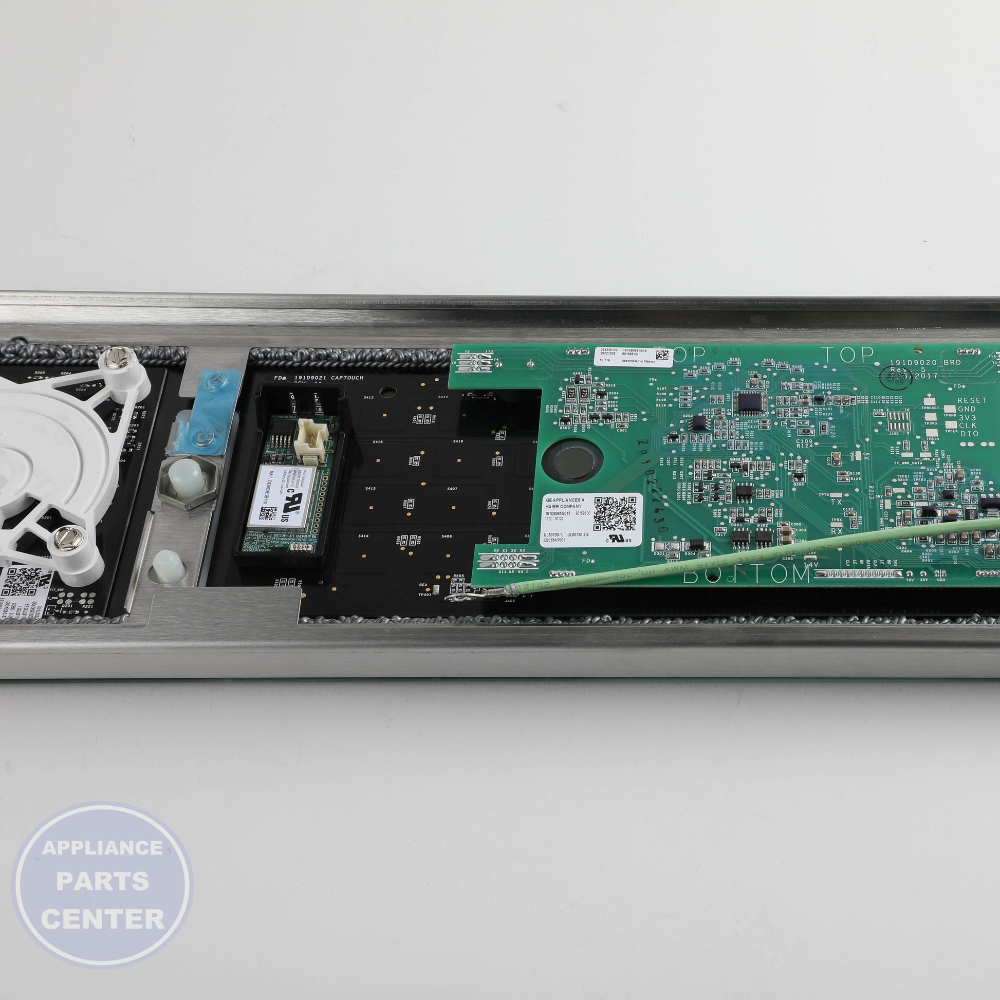 STAINLESS CONTROL PANEL OVERLAY W/ WIFI BOARD WB27X40488 - Side view with durable stainless steel construction