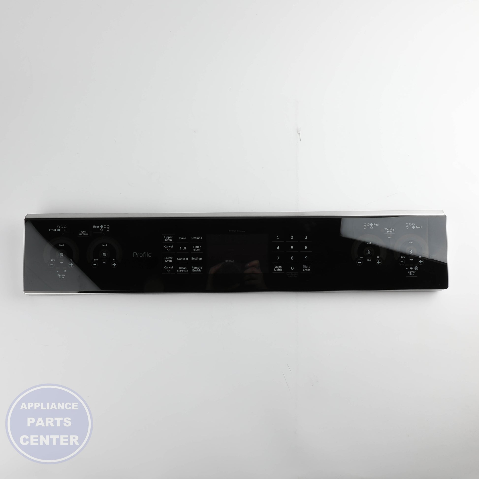 GEH STAINLESS CONTROL PANEL OVERLAY W/ WIFI BOARD WB27X40488 - Installation in GEH model showcasing key mounting points