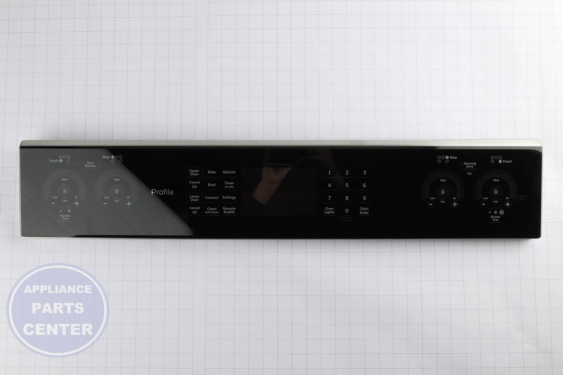 GEH STAINLESS CONTROL PANEL OVERLAY W/ WIFI BOARD WB27X40488 - Installation in GEH model showcasing key mounting points