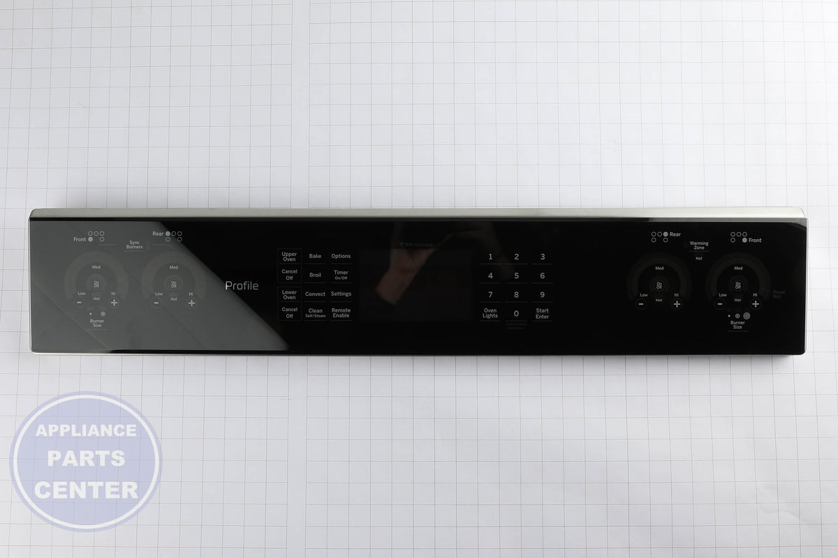 GEH STAINLESS CONTROL PANEL OVERLAY W/ WIFI BOARD WB27X40488 - Installation in GEH model showcasing key mounting points