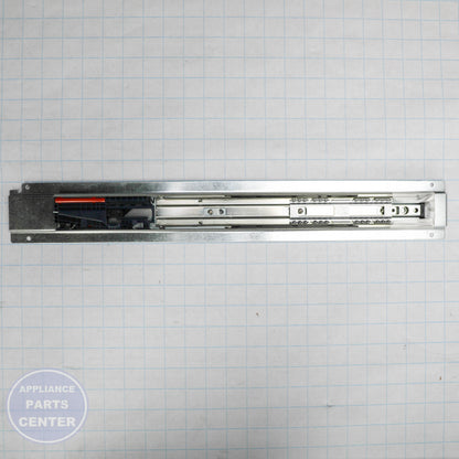 DRAWER SLIDE AND BRACKET ASM WB63X29185 - Side view with dimensions and specs