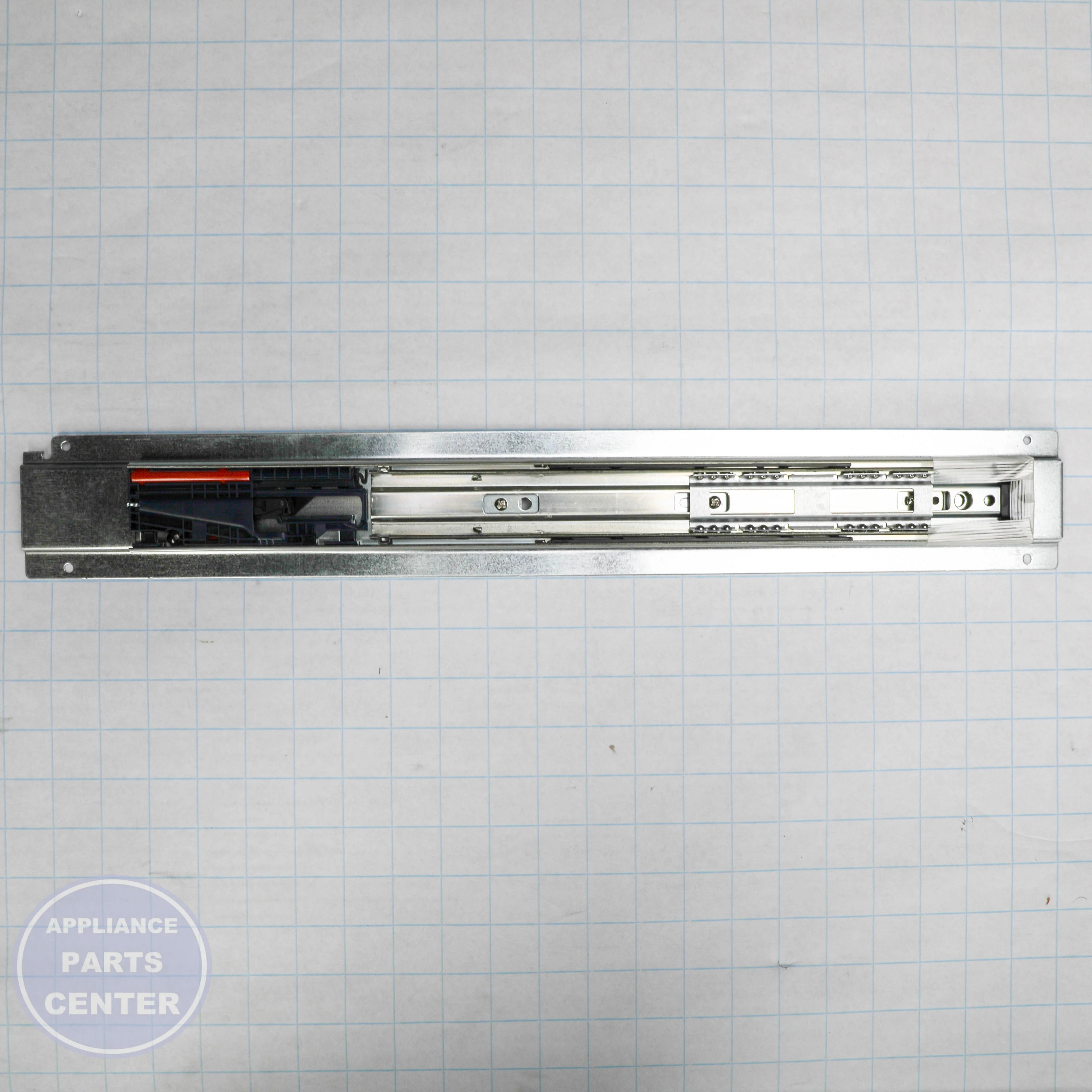 DRAWER SLIDE AND BRACKET ASM WB63X29185 - Side view with dimensions and specs