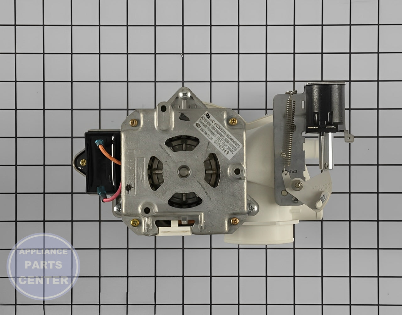 Circulation and Drain Pump Motor WD26X10034 - Side view with X inches by Y inches by Z inches dimensions