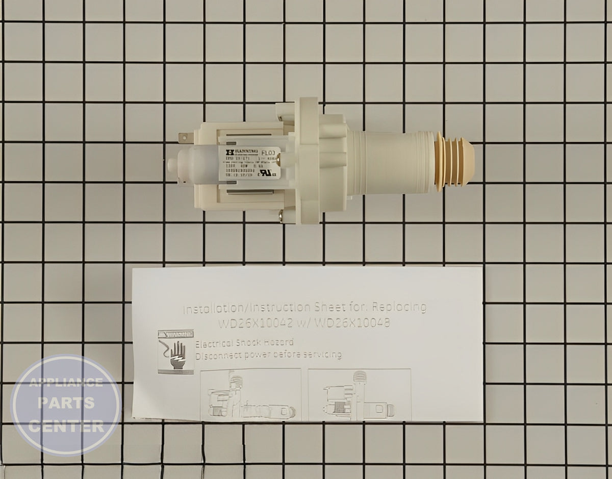 GE DISHWASHER DRAIN PUMP ASSEMBLY WD26X10048 - Detailed view of robust pump design