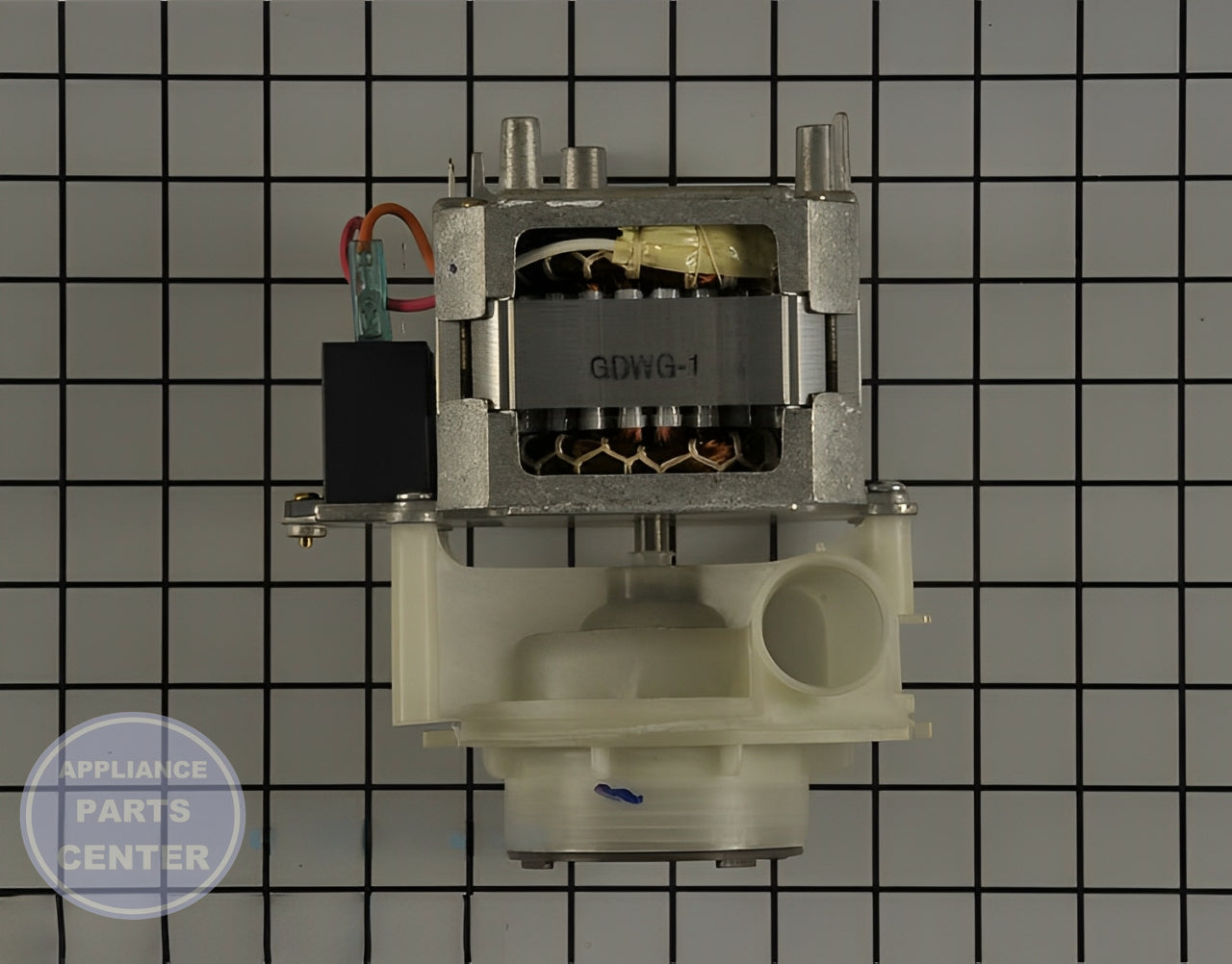 GE DISHWASHER PUMP AND MOTOR ASSEMBLY WD26X10053 - Side view with precise measurements