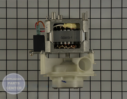 GE DISHWASHER PUMP AND MOTOR ASSEMBLY WD26X10053 - Side view with precise measurements
