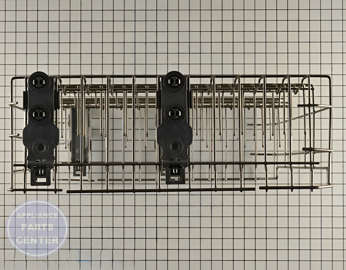 GE DISHWASHER UPPER RACK ASSEMBLY WD28X30219 - Side view with specific measurements and specs