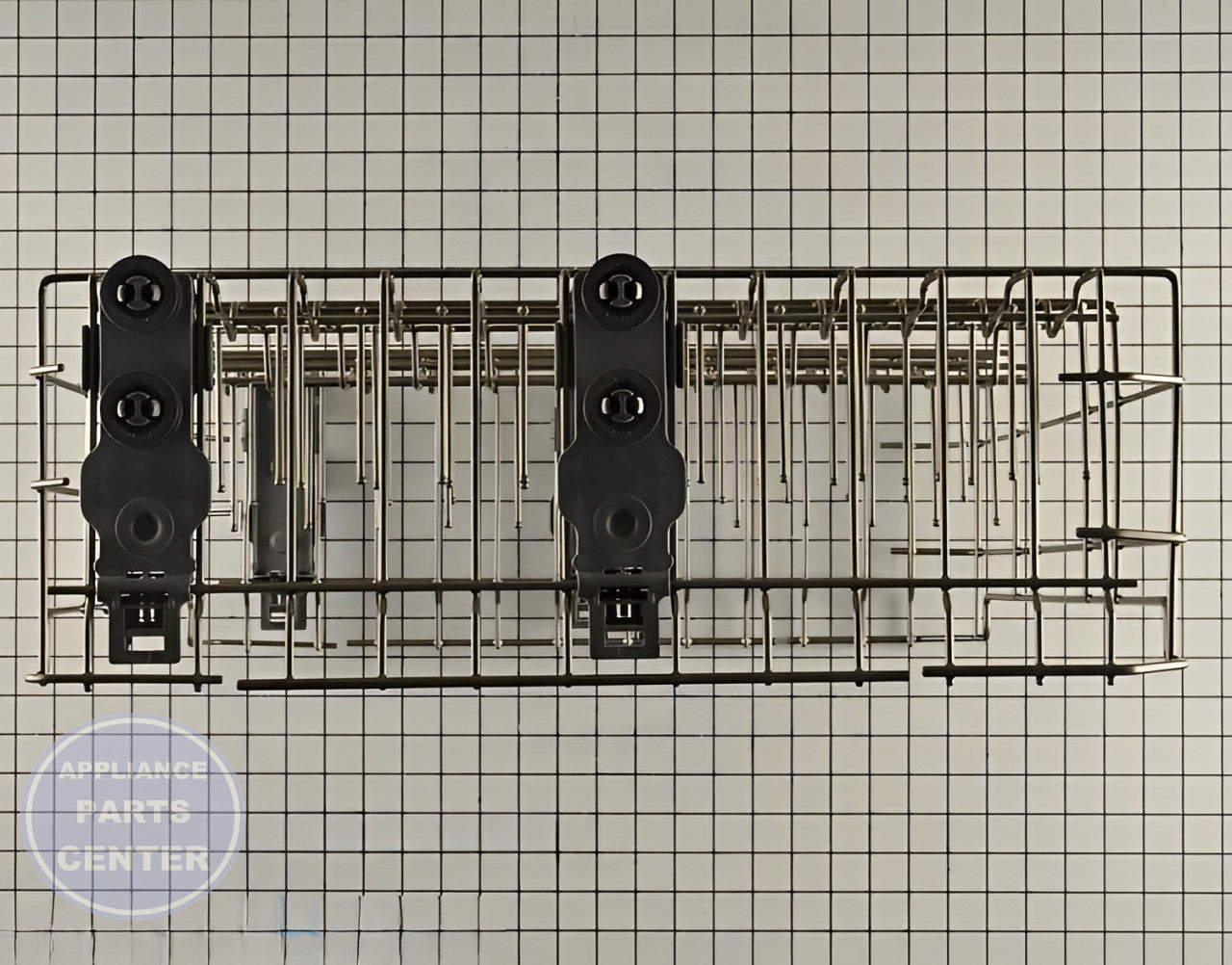 GE DISHWASHER UPPER RACK ASSEMBLY WD28X30219 - Side view with specific measurements and specs