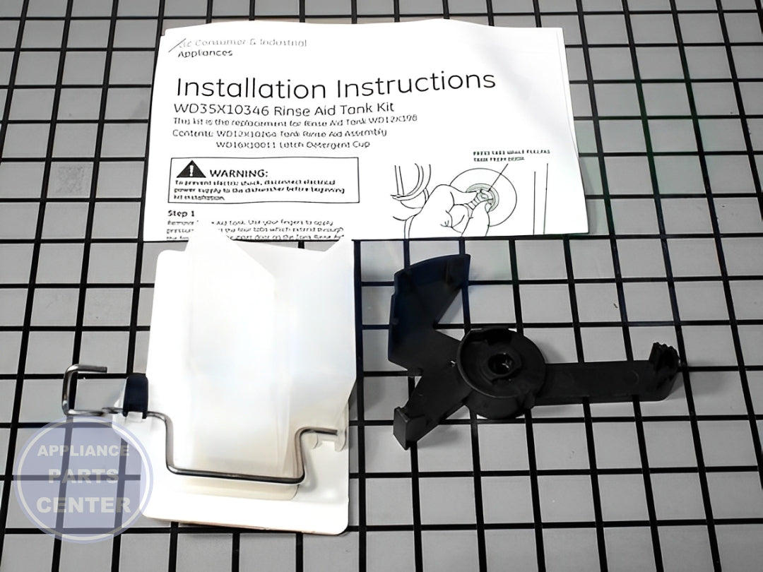 GE DISHWASHER RINSE AID TANK KIT WD35X10346 - Installation in GE Undefined model showing key mounting points