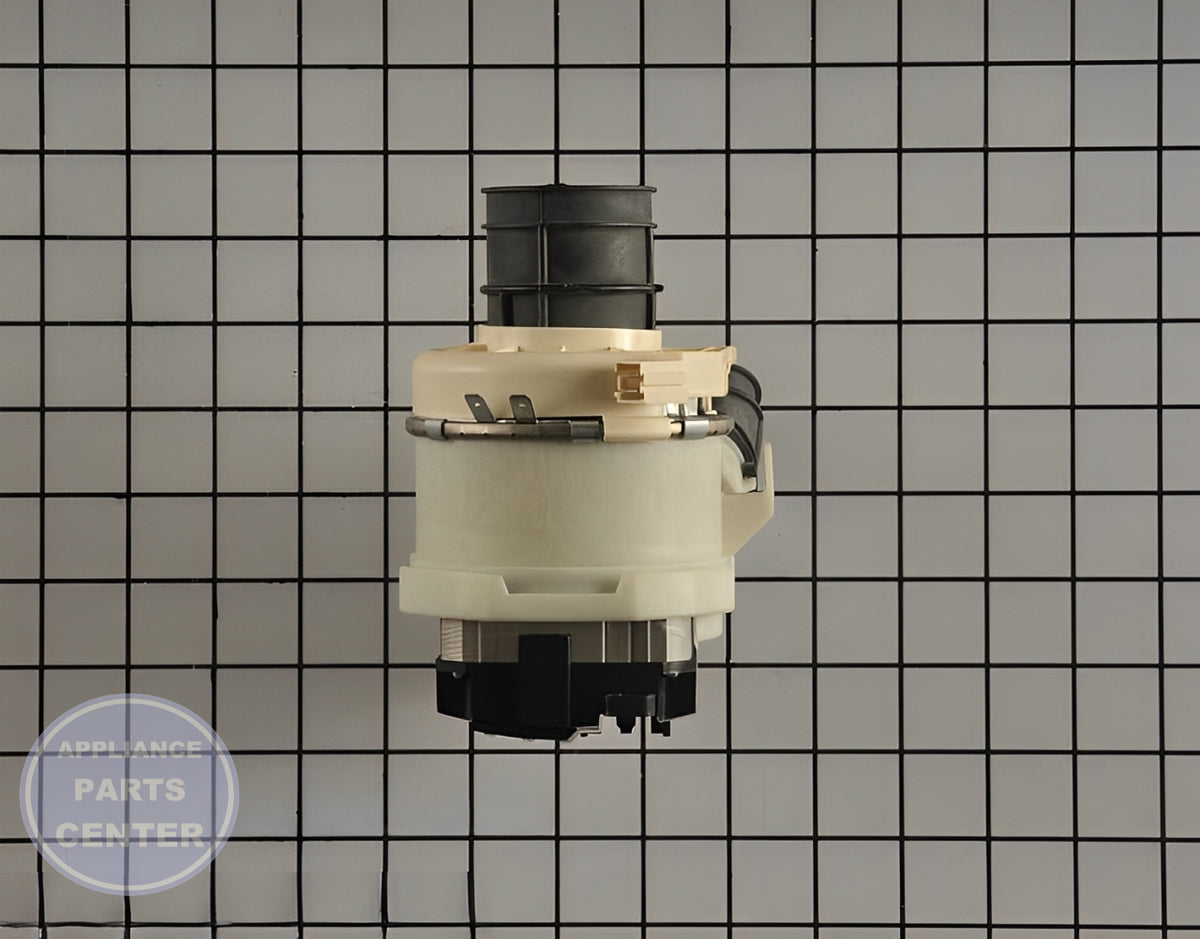 GE DISHWASHER VARIABLE SPEED PUMP ASSEMBLY WD35X20599 - Side view with precise pump specifications