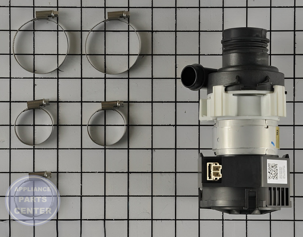 GE DISHWASHER WATER CIRCULATION PUMP ASSEMBLY WD49X23781 - Side view with high-pressure water flow specs