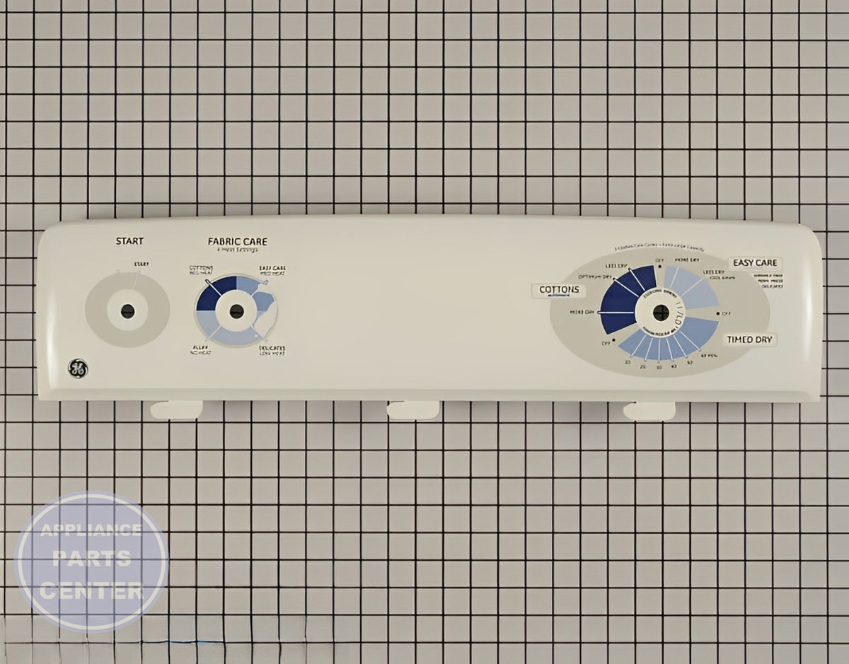 GE WHITE BACKSPLASH CONTROL PANEL WE19M1493 - Main view showing control features for GE Dryer