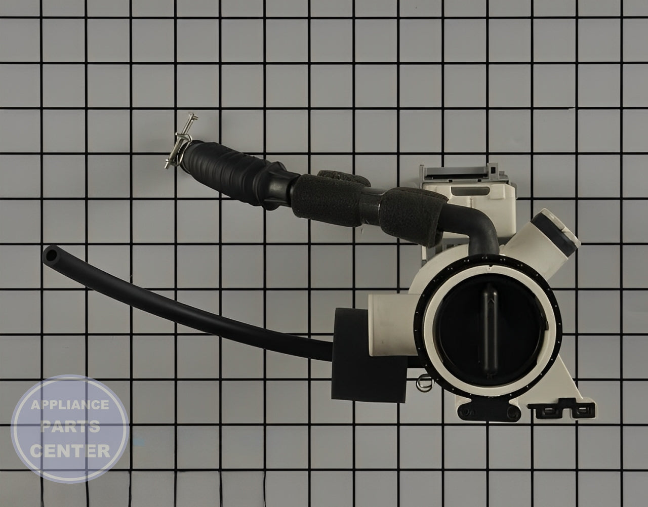 GE WASHER DRAIN PUMP WH11X28637 - Side view with 15 lbs water capacity