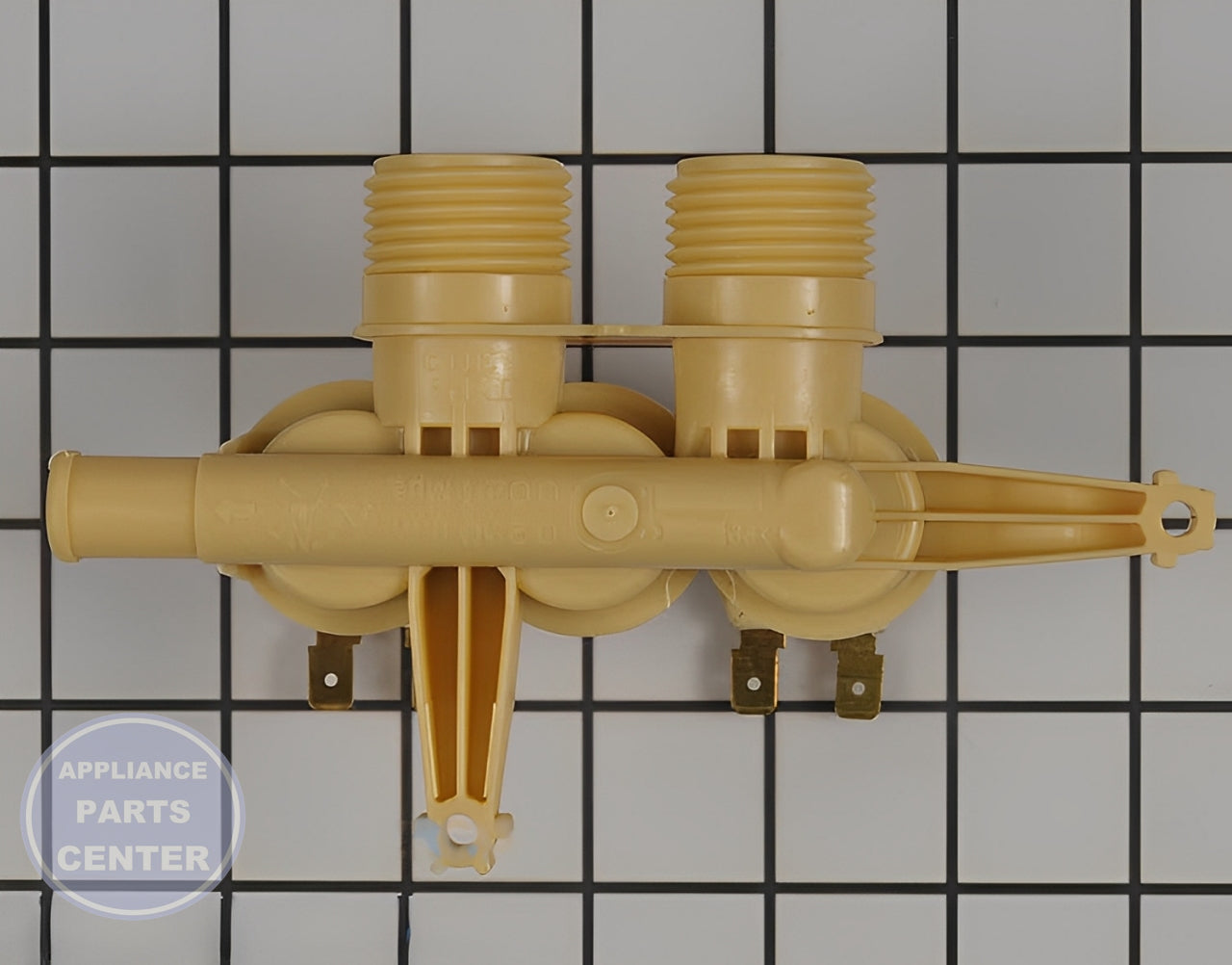 GE WASHER WATER INLET VALVE WH13X23974 - Side view with precise measurements