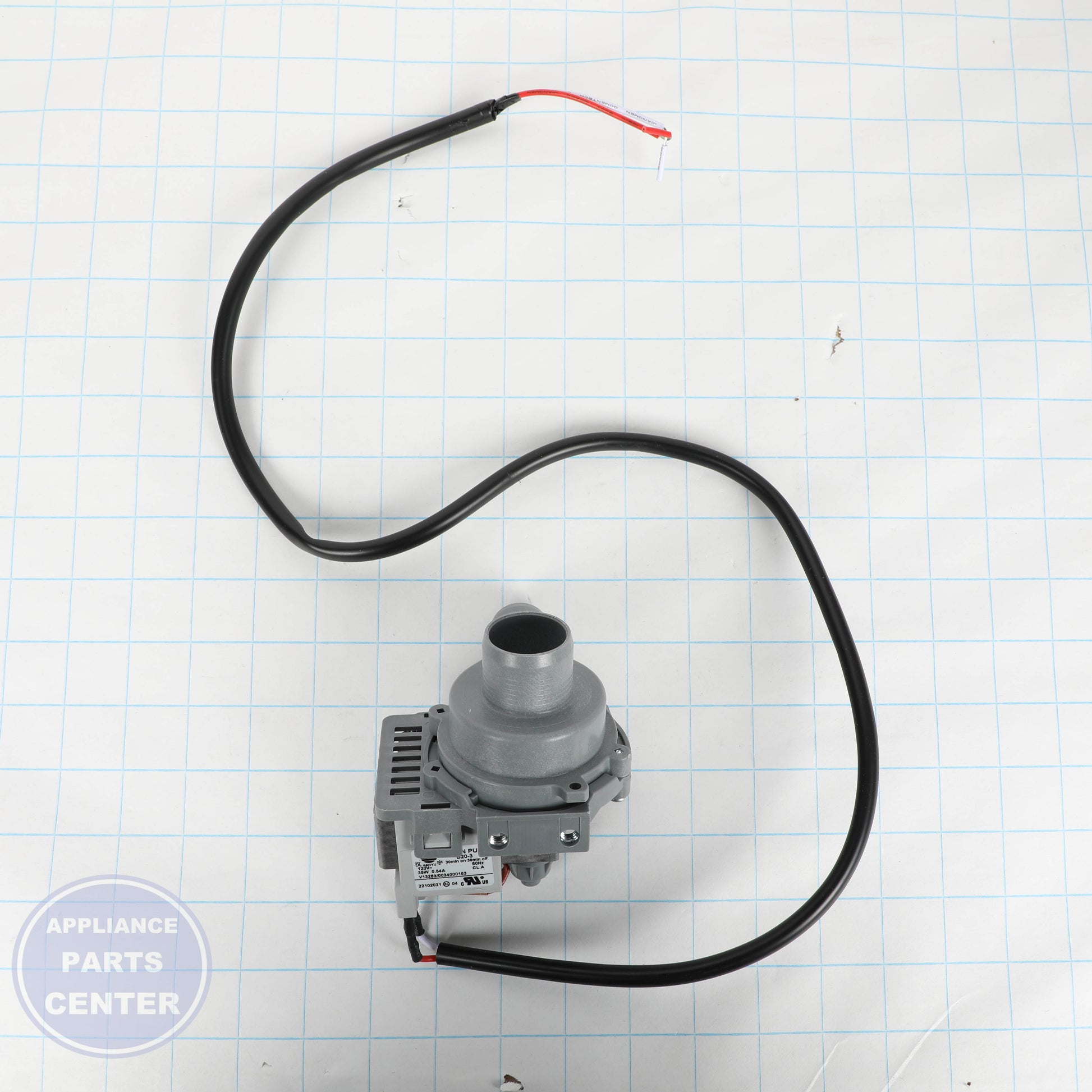 WASHING MACHINE DRAIN PUMP WH23X27419 - Side view with dimensions 5.5 x 4 x 3 inches