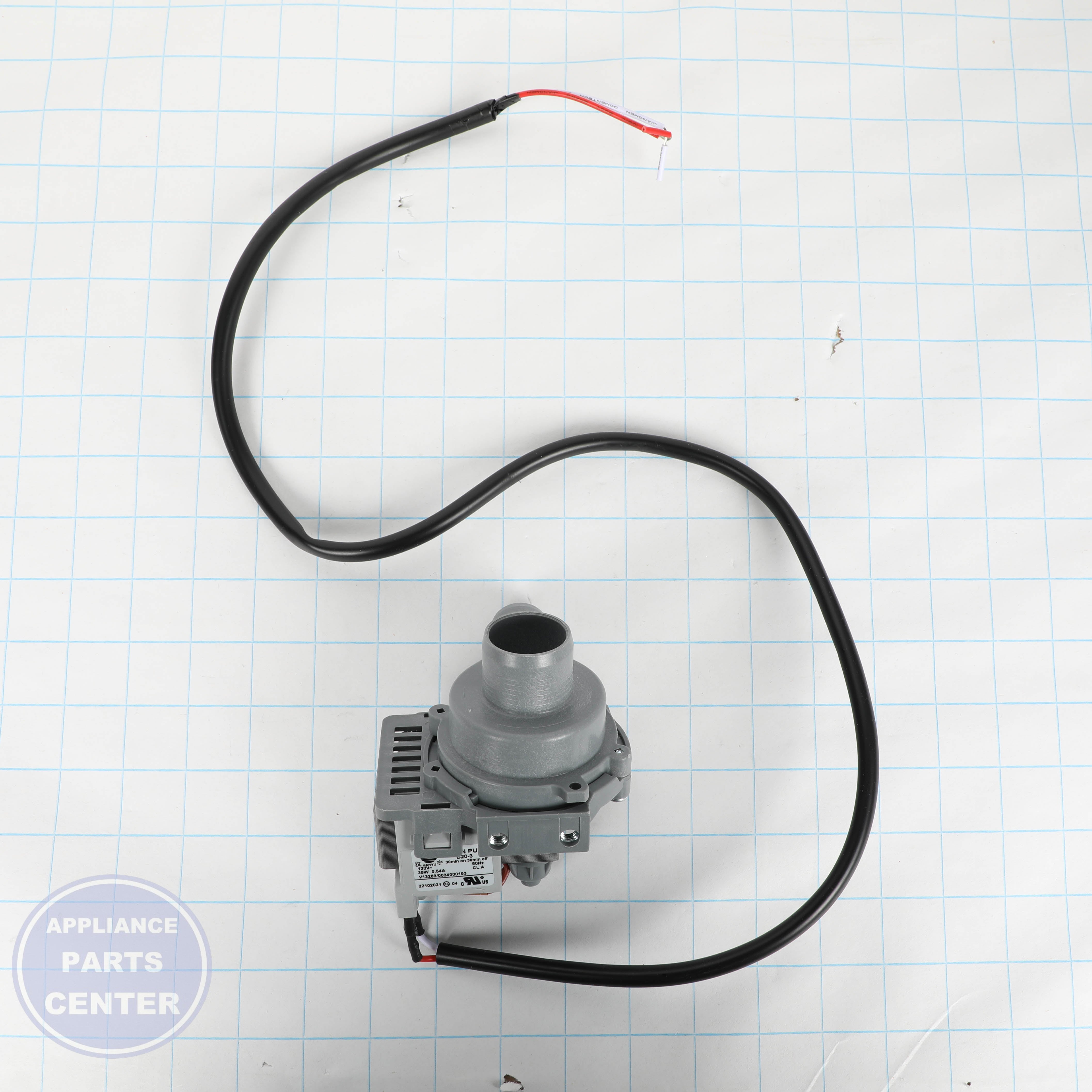 WASHING MACHINE DRAIN PUMP WH23X27419 - Side view with dimensions 5.5 x 4 x 3 inches
