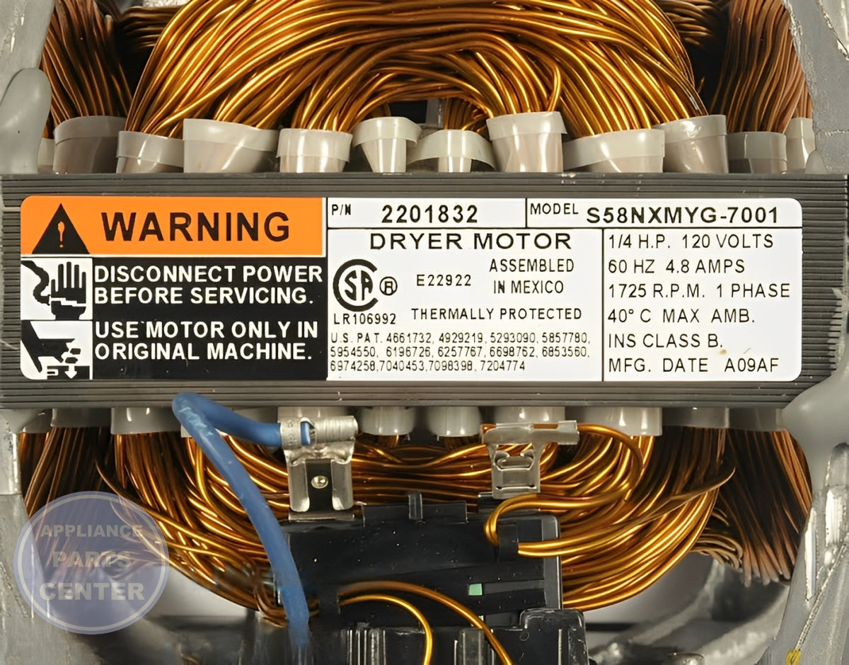 WHIRLPOOL DRIVE MOTOR WP33002795 - Side view with high-performance specs