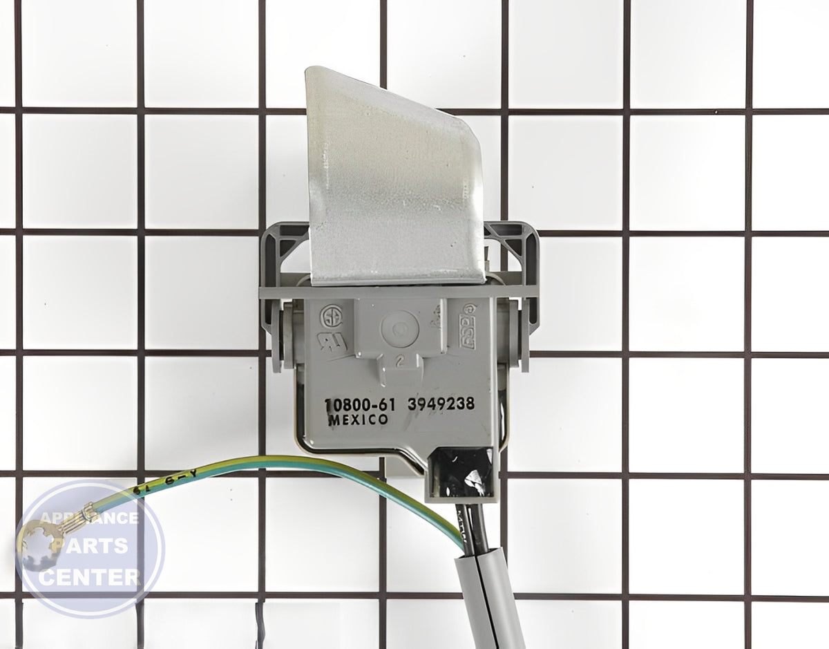 WHIRLPOOL Lid Switch Assembly WP3949238 - Side view with precise fitting dimensions