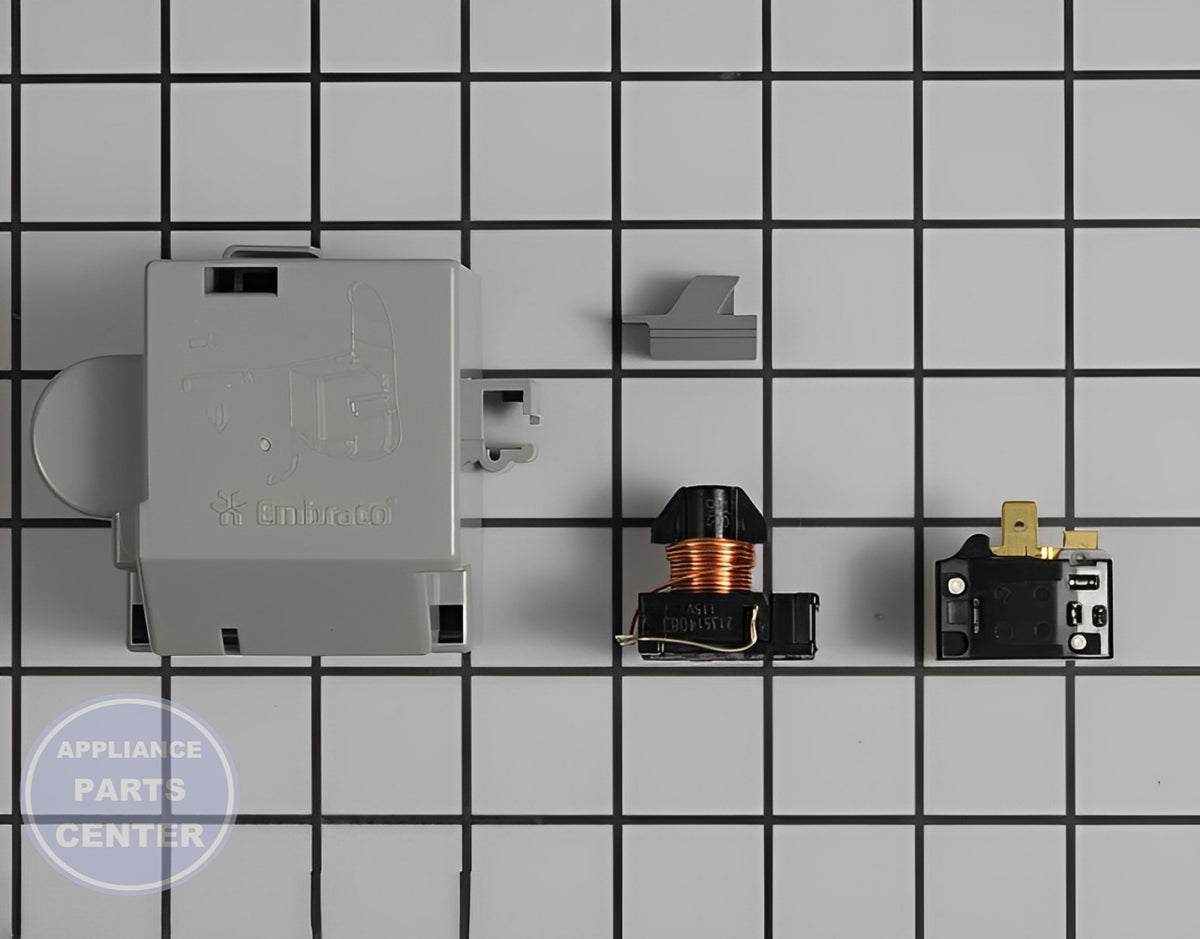 Whirlpool Relay and Overload Kit WP4387938 - Main view showing compressor optimization for Amana, GE, Maytag, and Whirlpool models