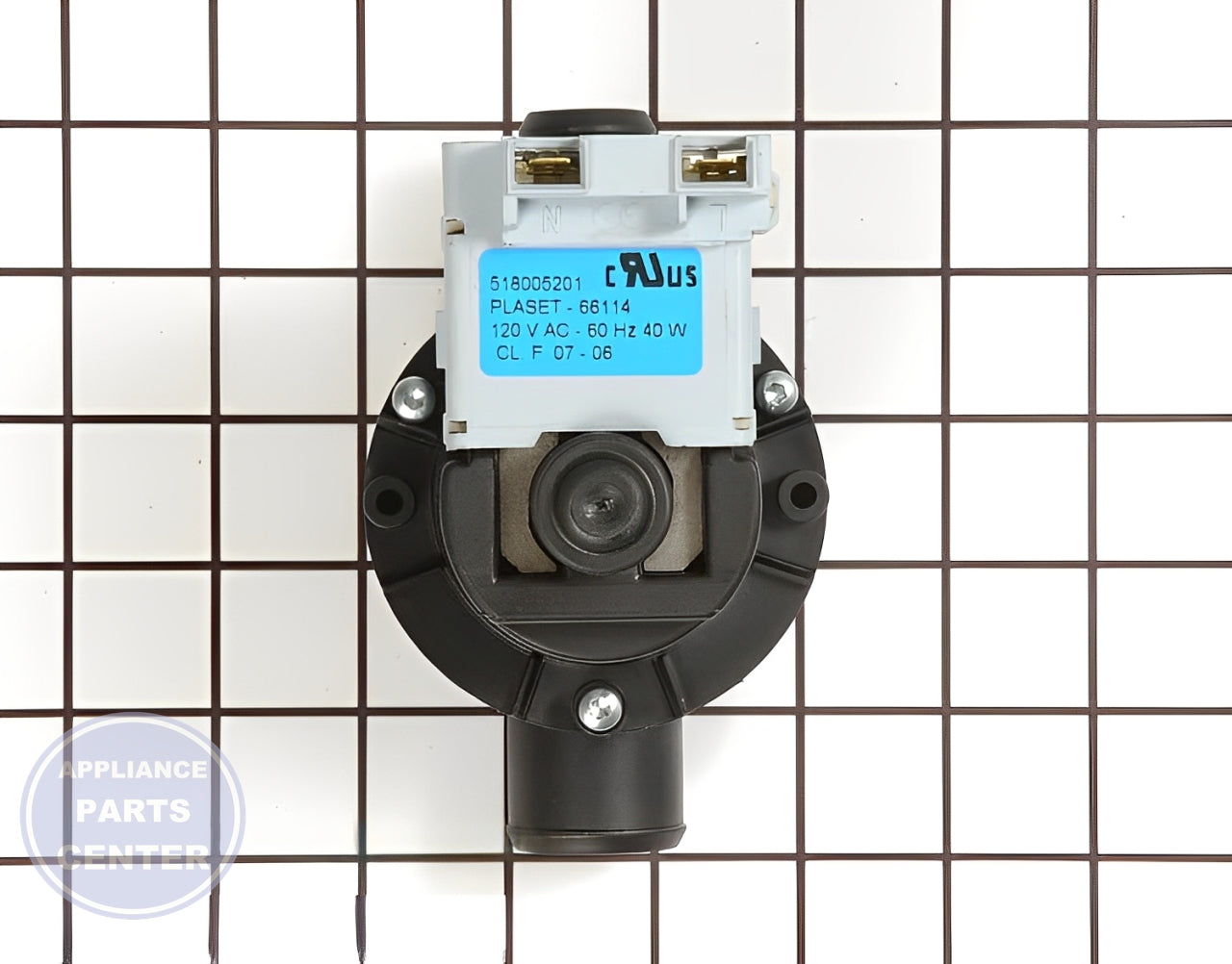 Drain Pump WP8182415 - Side view with compact design and precise measurements