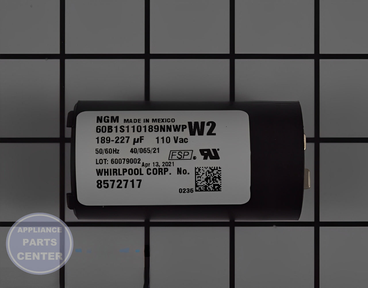 WHIRLPOOL CAPACITOR WP8572717 - Main view showing high capacity for WPL Washing Machine