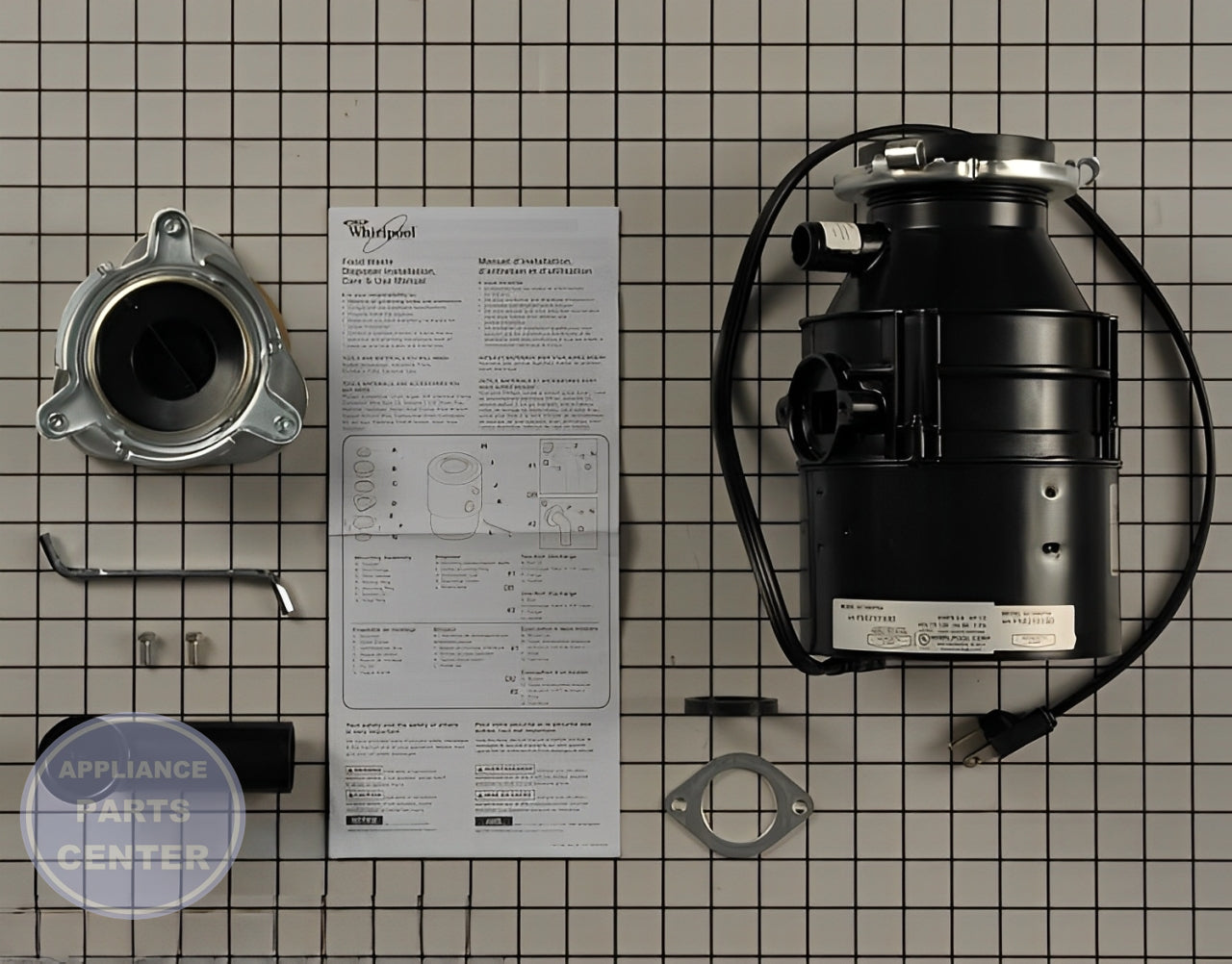 WHIRLPOOL DISPOSER 1/3 HP W/CORD WPGC1000PEA - Installation in Whirlpool GC1000PEA showing key mounting points