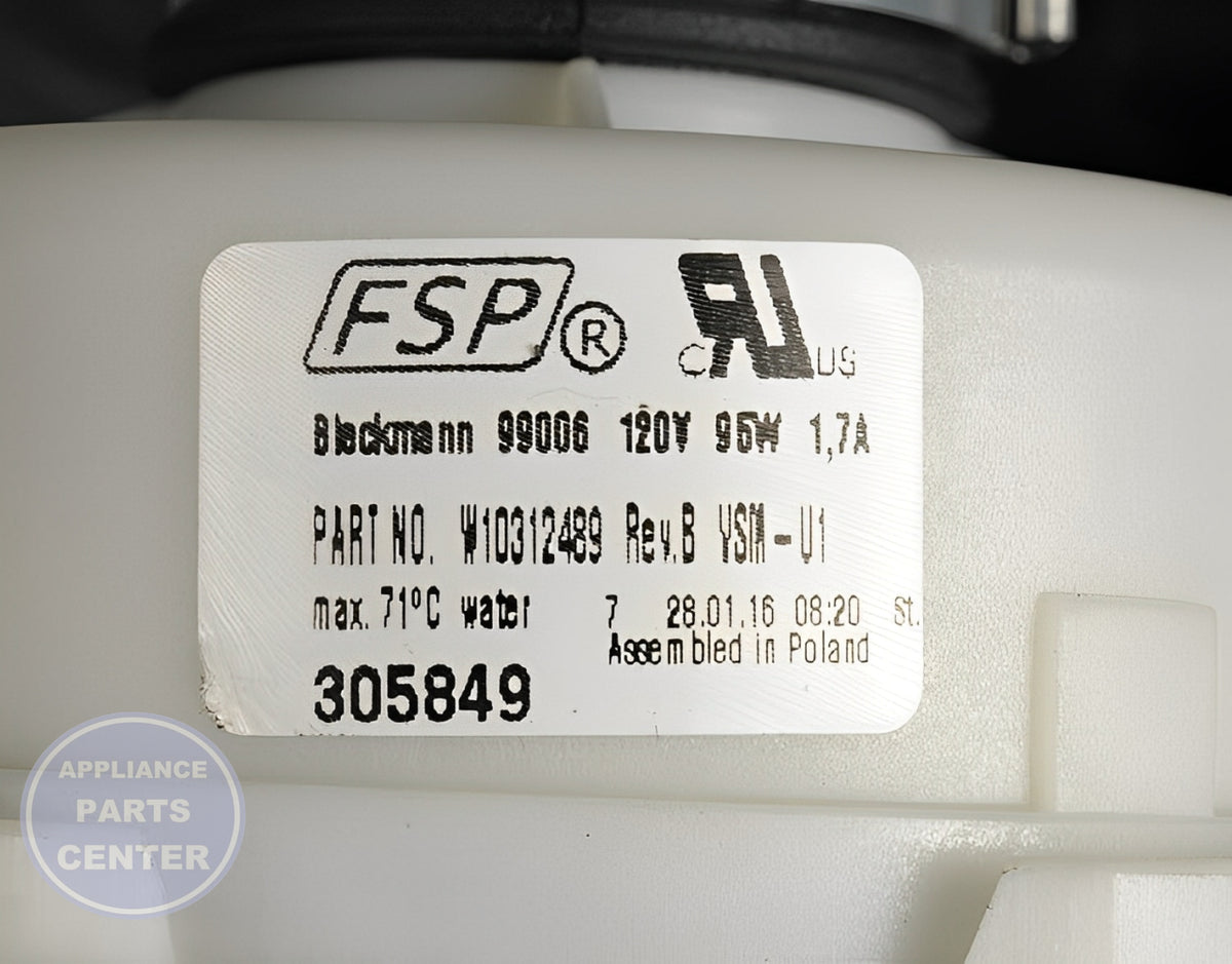 Whirlpool Dishwasher Motor & Pump WPW10056309 - Side view with efficient specs