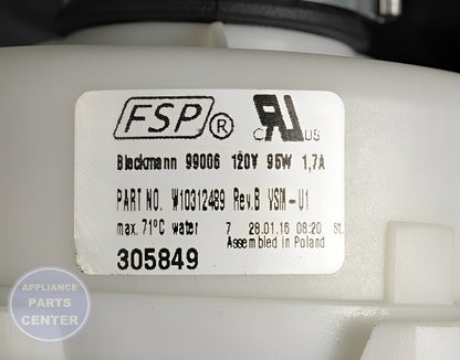 Whirlpool Dishwasher Motor & Pump WPW10056309 - Side view with efficient specs