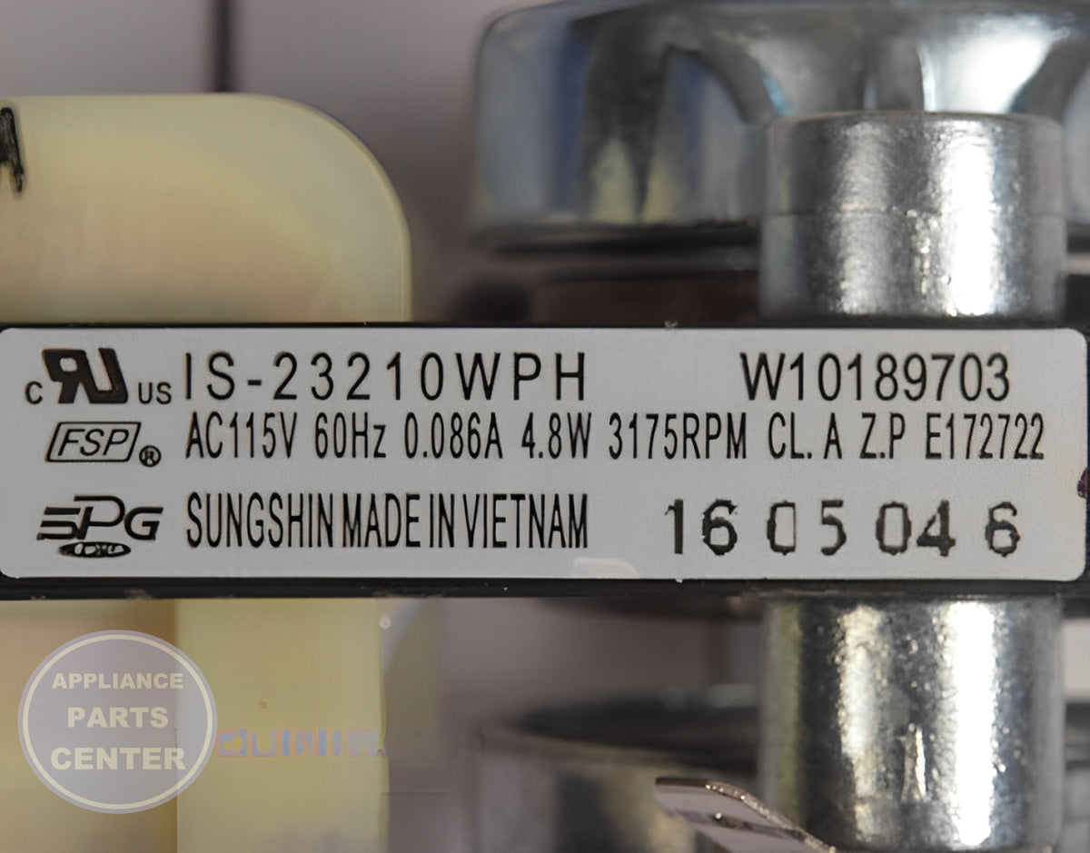 Refrigerator Evaporator Fan Motor WPW10189703 - Side view with durable specifications