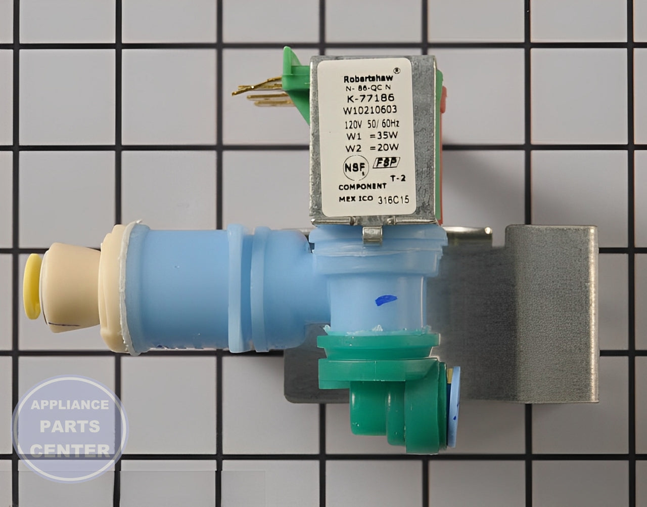Maytag Water Inlet Valve WPW10210603 - Main view showing valve assembly for Maytag, Whirlpool, Kenmore, KitchenAid, and Ikea refrigerators