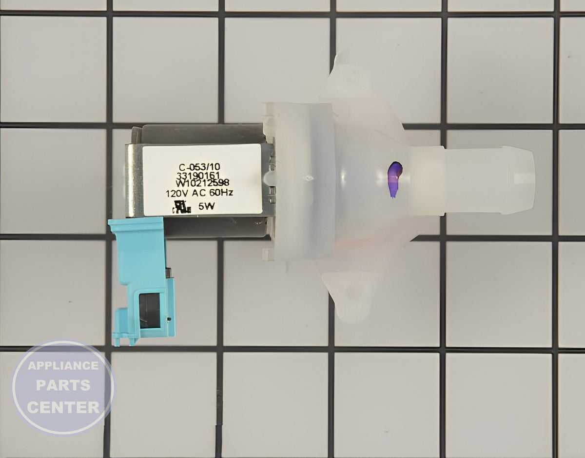 WHIRLPOOL VALVE WPW10212598 - Side view with precise measurements for accurate fitting