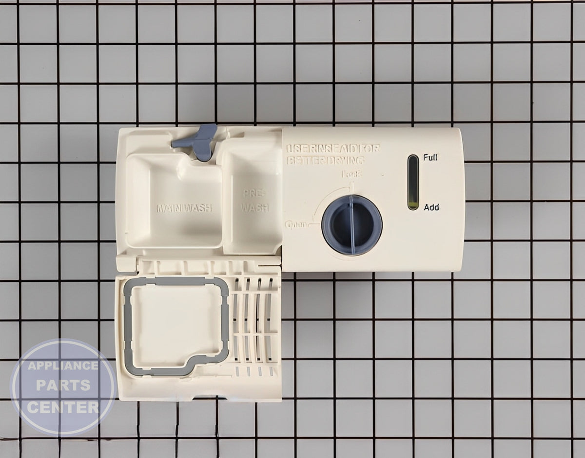 WHIRLPOOL DISHWASHER DETERGENT AND RINSE AID DISPENSER WPW10224428 - Side view with 10 lbs detergent capacity