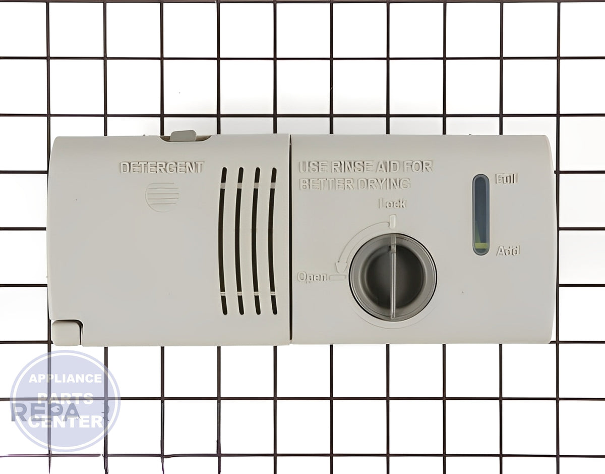 WHIRLPOOL DISHWASHER DETERGENT DISPENSER WPW10224430 - Side view with precise measurements and specifications