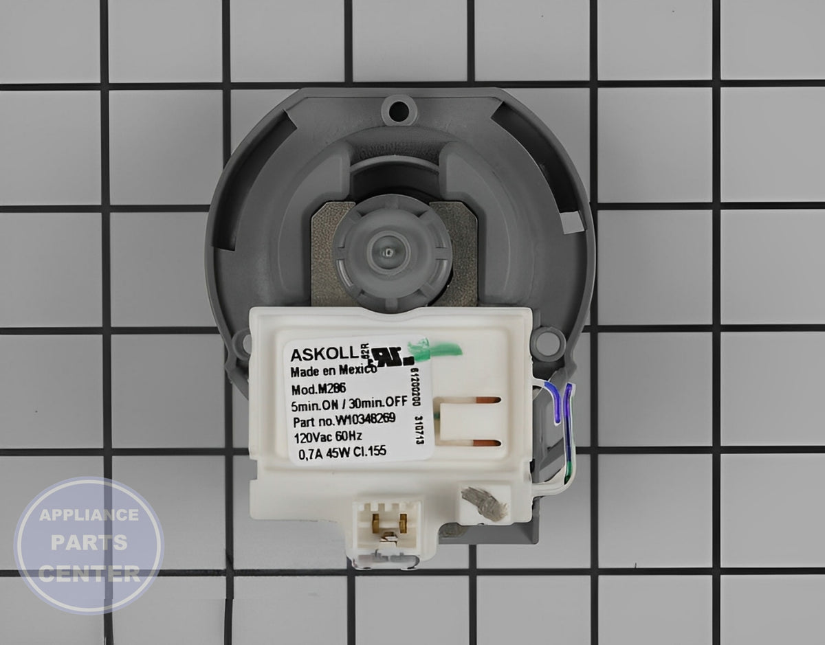 WHIRLPOOL WPW10348269 Washer Drain Pump - Main view showing efficient water removal for various Whirlpool models