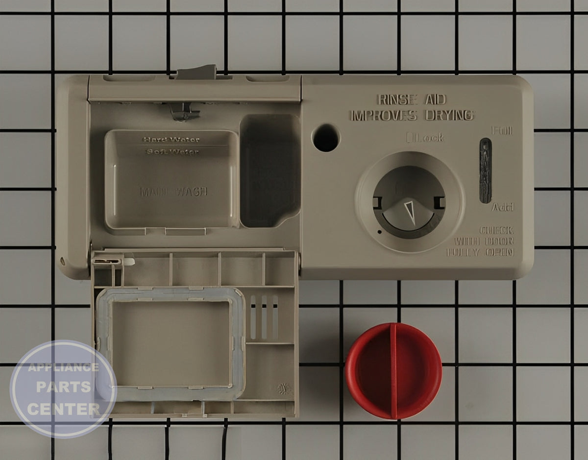 Whirlpool Dishwasher Dispenser WPW10428213 - Side view with precise measurements for perfect fit