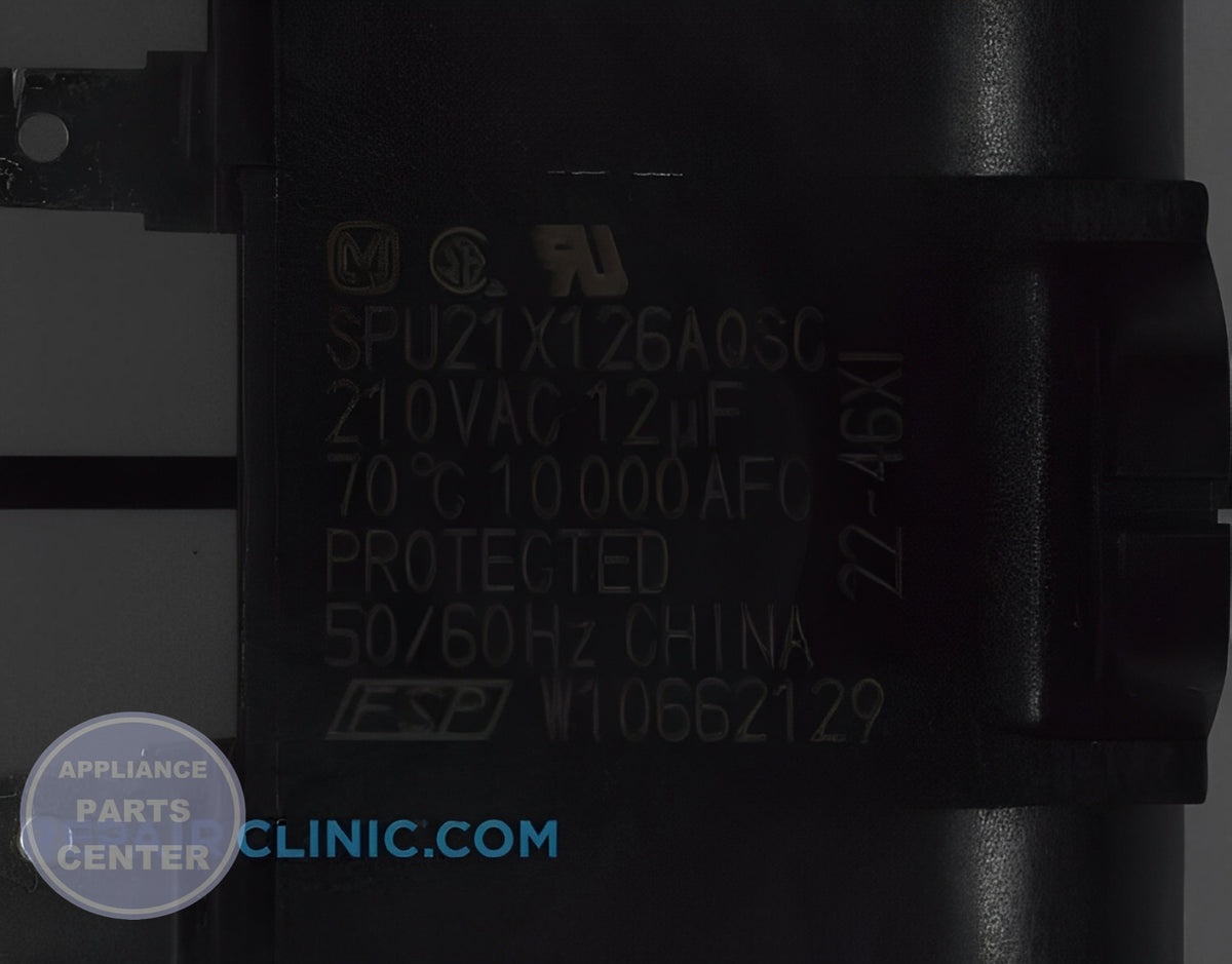 WHIRLPOOL REFRIGERATOR RUN CAPACITOR WPW10662129 - Side view with efficient operation specifications