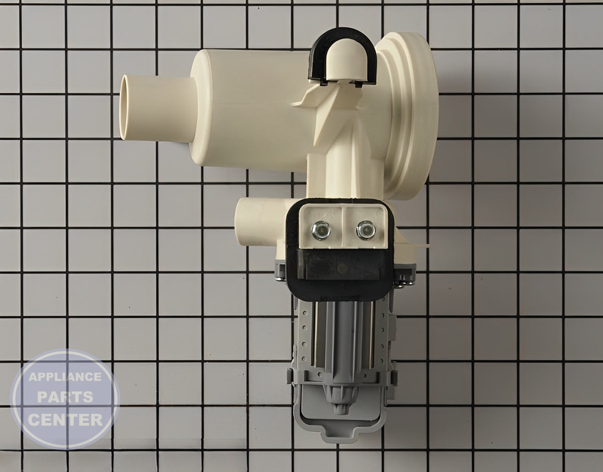 WHIRLPOOL WASHER WATER PUMP WPW10730972 - Side view with water drainage specs