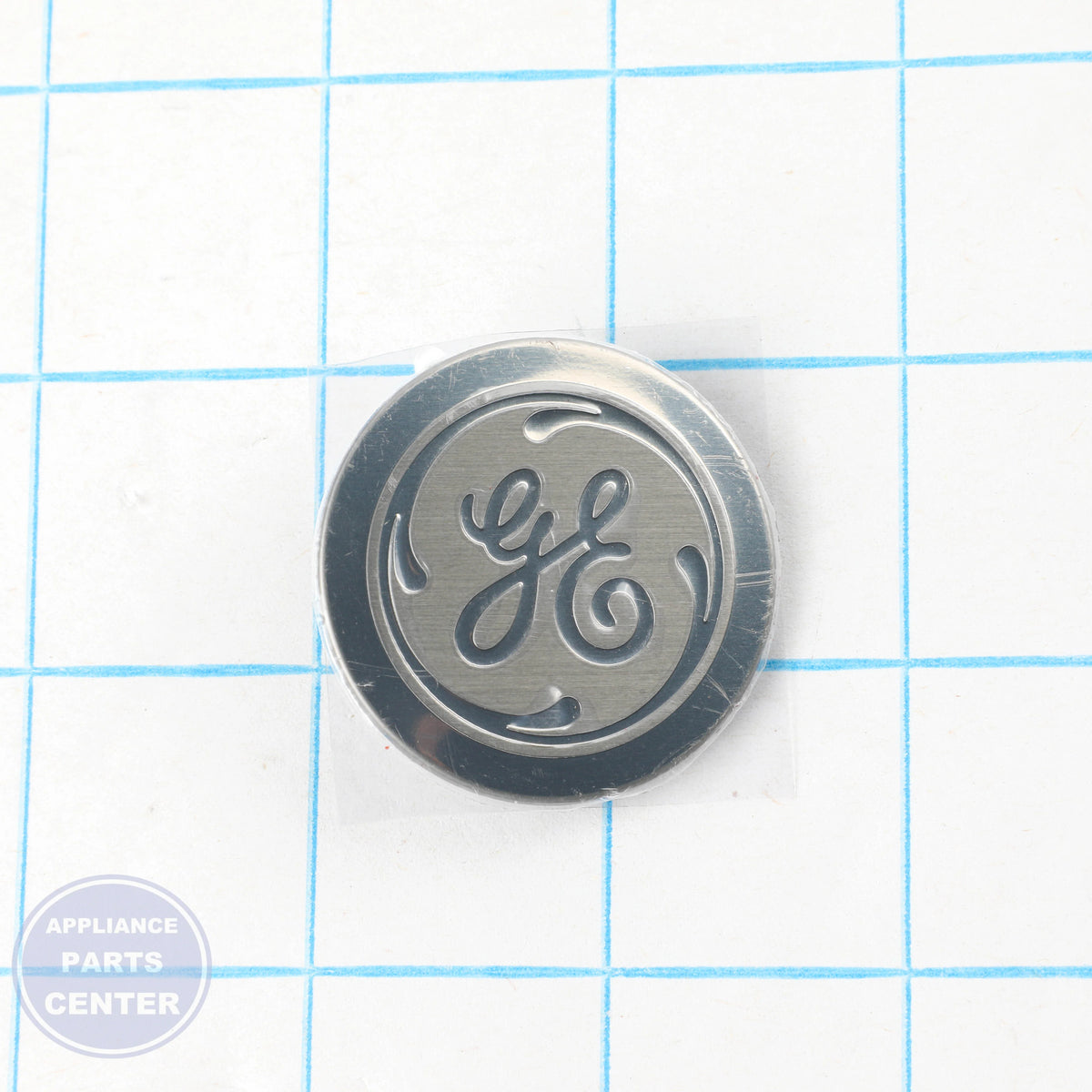 CHROME GE BADGE WR04X31880 - Detailed view of the GE badge with precise technical details