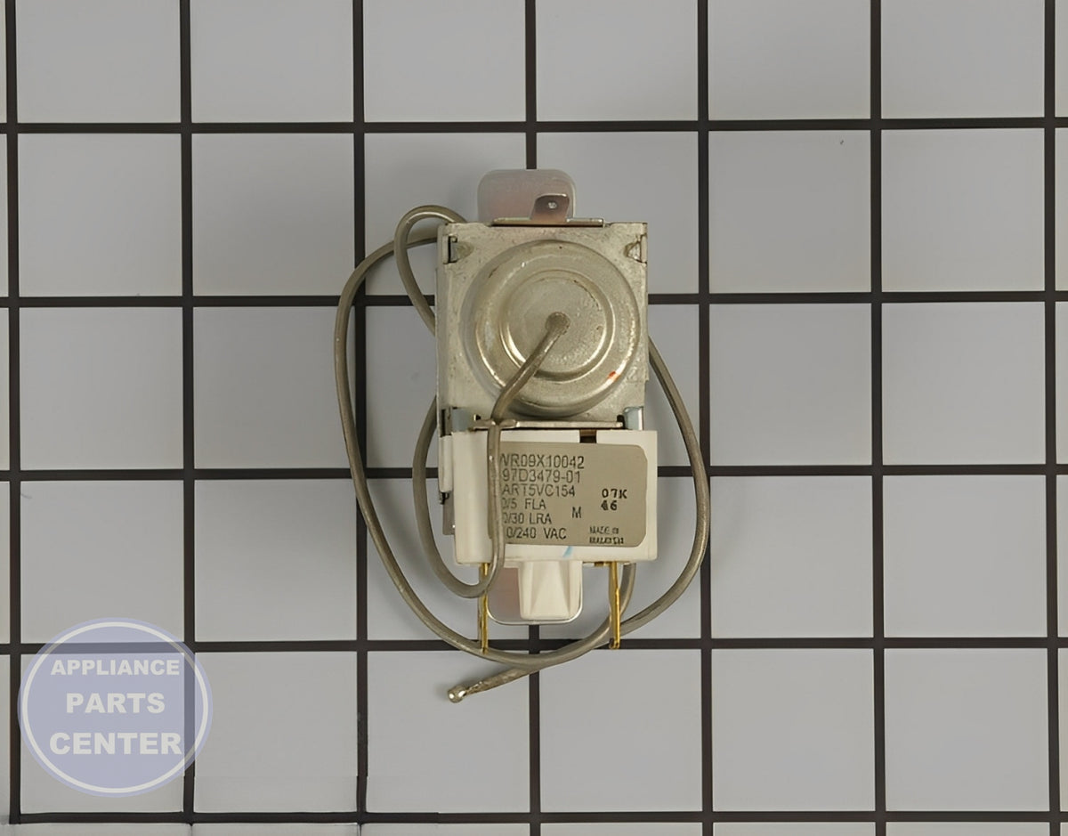 GE REFRIGERATOR COLD CONTROL TEMPERATURE THERMOSTAT WR09X20002 - Detailed view of the high-quality thermostat with specific technical details