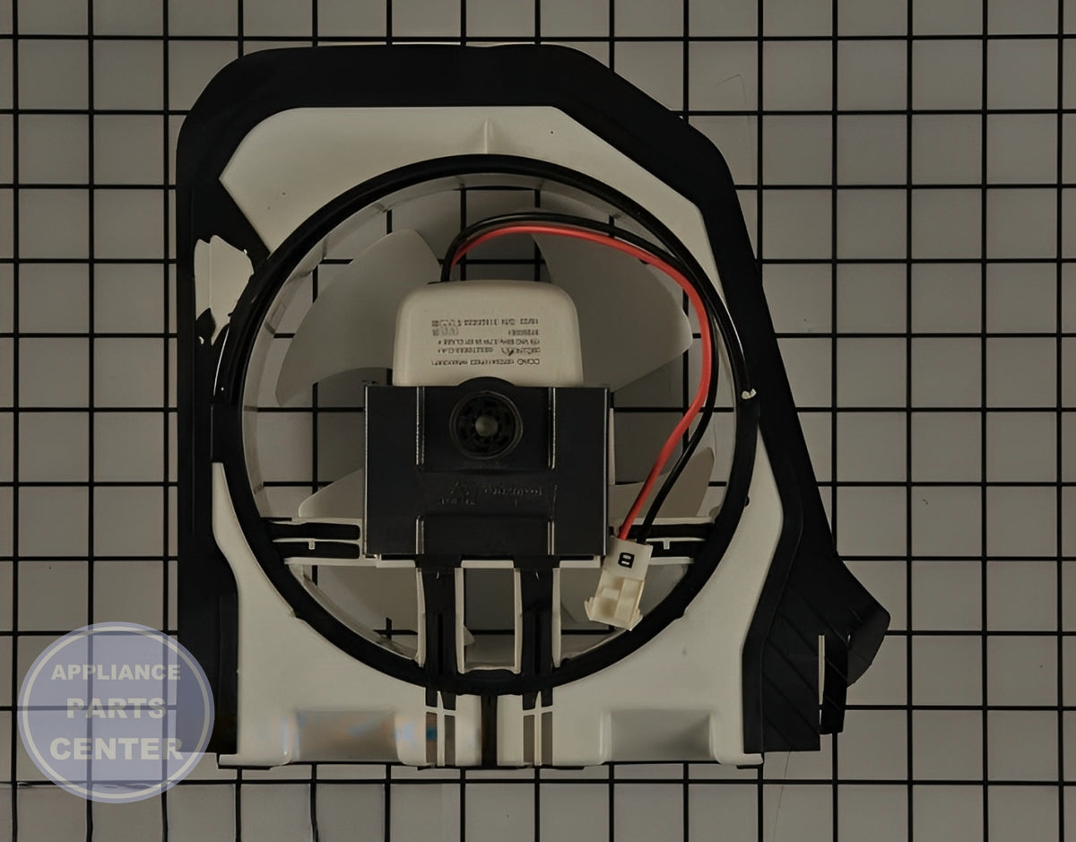 GE REFRIGERATOR CONDENSER FAN AND HOUSING WR17X31476 - Side view with precise measurements