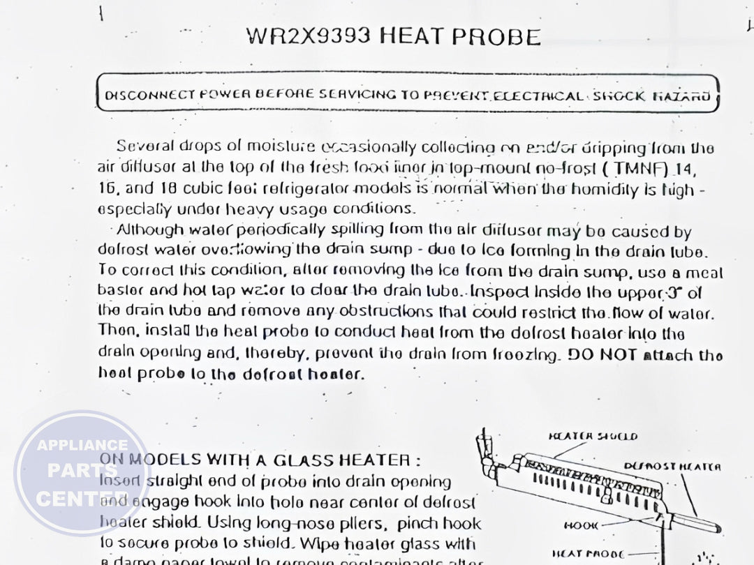 GE REFRIGERATOR DEFROST DRAIN HEATER PROBE WR2X9393 - Detailed view of defrosting technical details