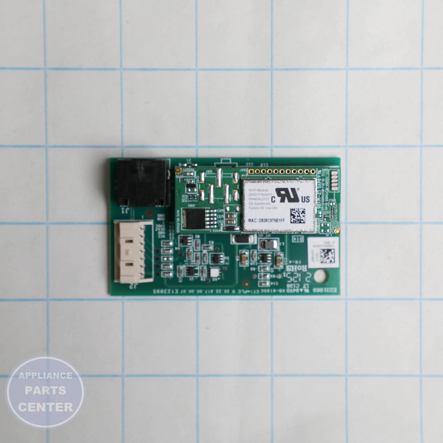 WIFI AND HUMIDITY BOARD WR55X34645 - Side view with connectivity specs