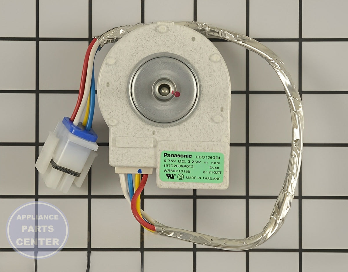 GE REFRIGERATOR EVAPORATOR FAN DC MOTOR ASSEMBLY WR60X10277 - Main view showing efficient air circulation for GEN Refrigerator models